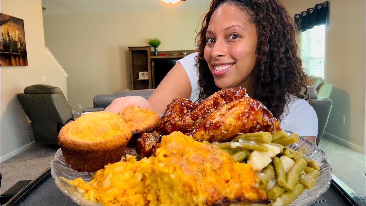 Macaroni Pie, BBQ Chicken, Green Beans with Potatoes, and Cornbread #soulfood #mukbang #asmr #foodie