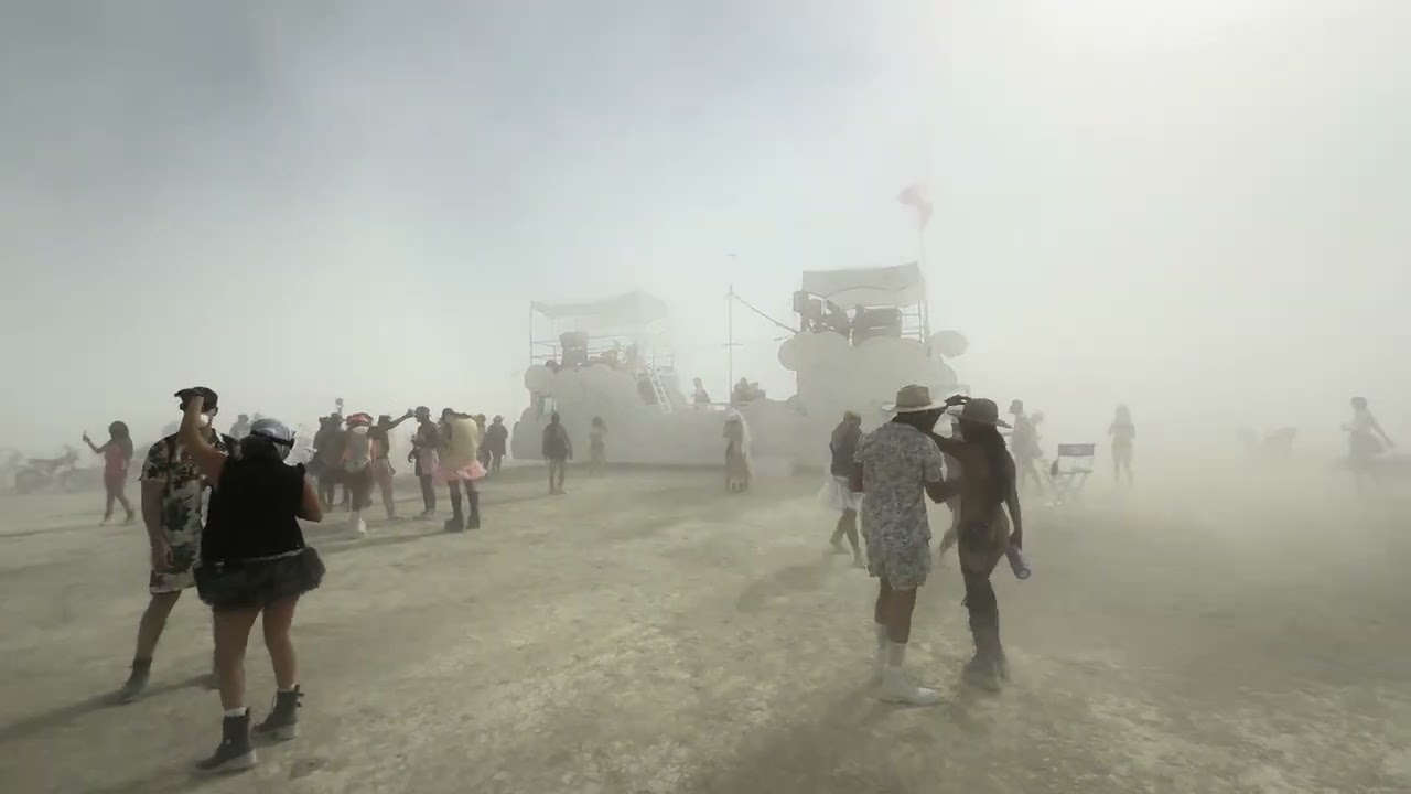 “Fluffy” art car playing a dusty set on the playa! Burning Man 2024