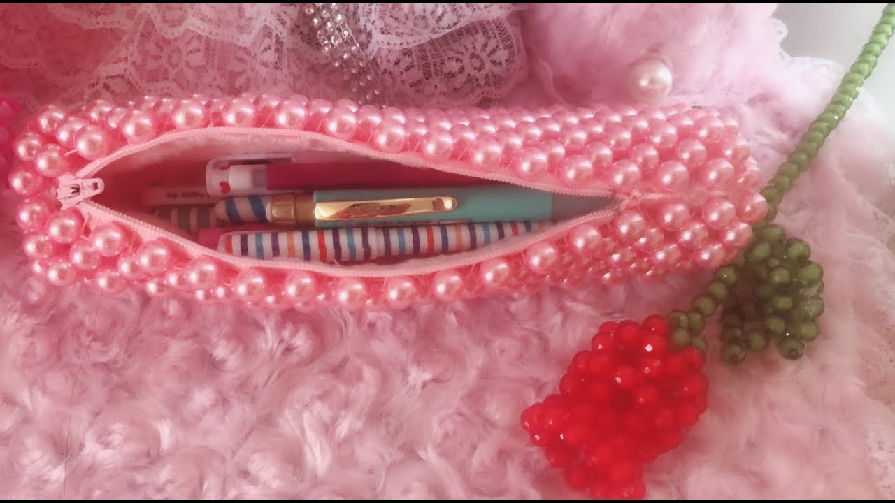 diy pearl pencil case/ makeup brush case  串珠教学  珍珠笔袋