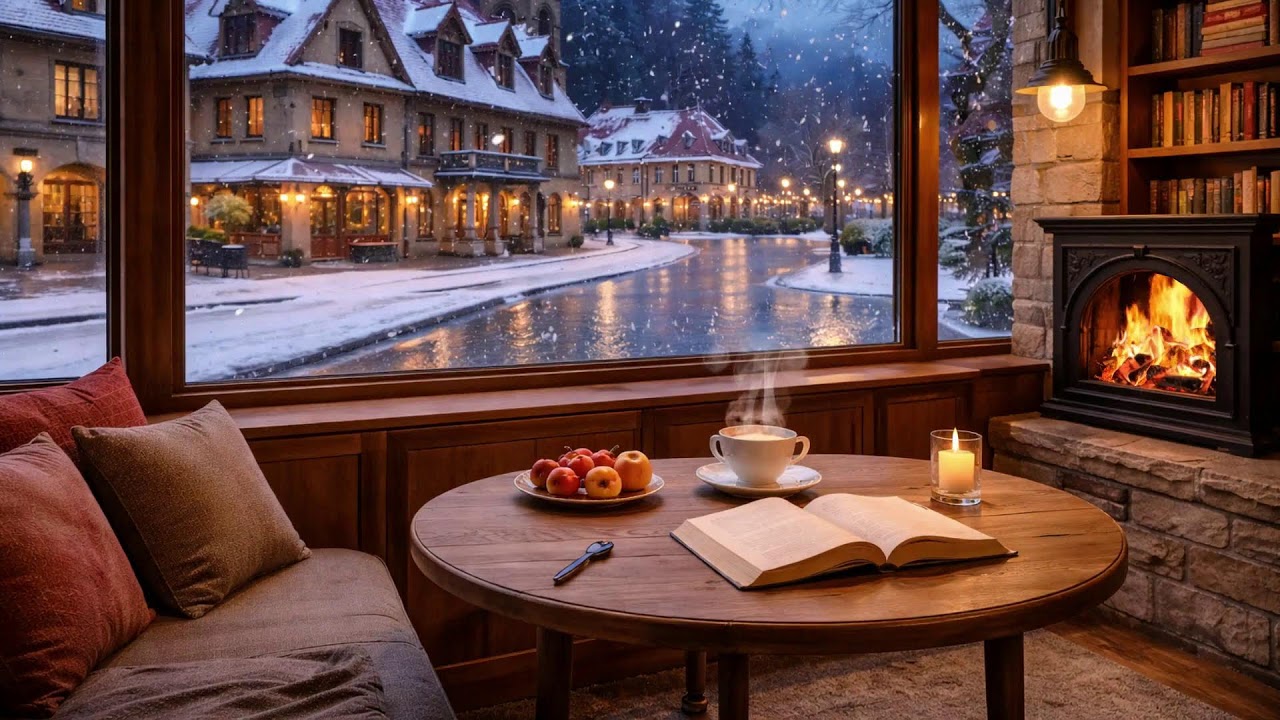 Snowy Village Night Study  Fireplace Glow and Falling Snow for Focus