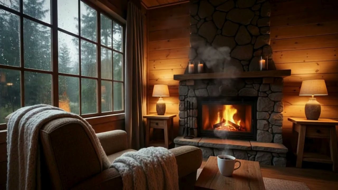 Cozy Rain Cabin Ambience  Fireplace, Rain on Window, Relaxing Sleep & Study Sounds, 1 Hours