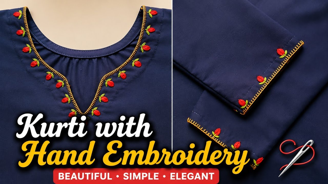 Beautiful kurti with hand embroidery 🪡 || hand embroidery neck design for kurti || Bushra's Art's
