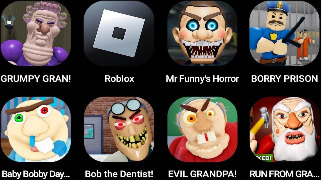 ROBLOX,ESCAPE EVIL GRANDPA!,Baby Bobby Daycare!,GRUMPY GRAN!,LOS TRALALERITOS,TIM'S FARM OBBY!...