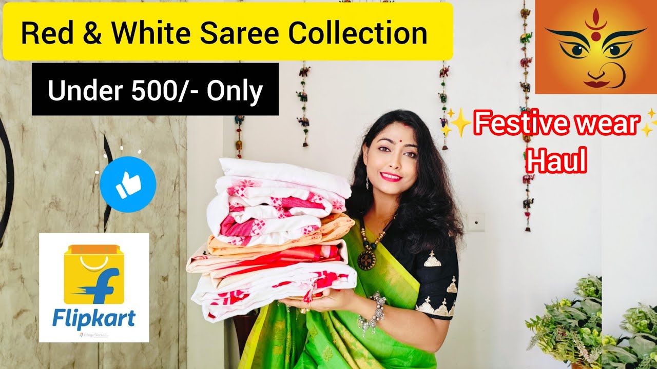 🫶Red, Cream & White combination Saree Review For Festival🫶 Flipkart Saree Haul 🫶