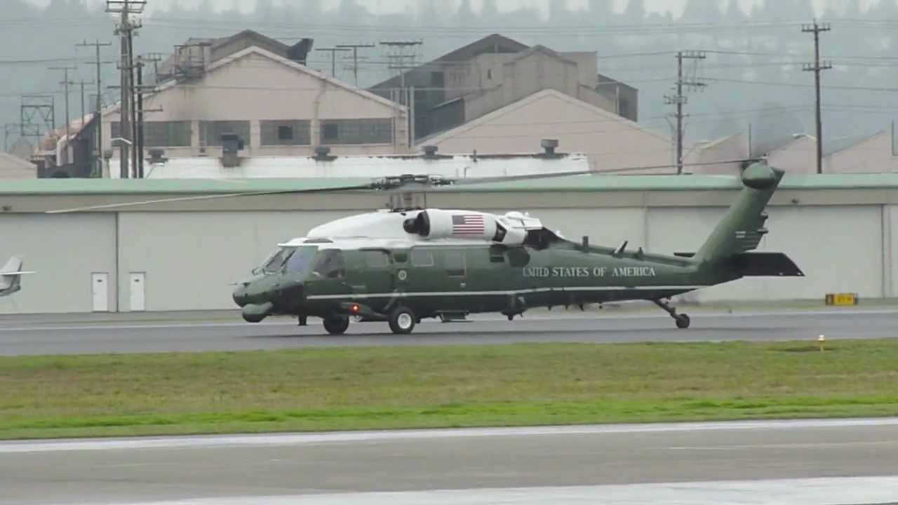 2 HMX-1 VH-60 and 6 blackhawk escorts taking off at Kbfi