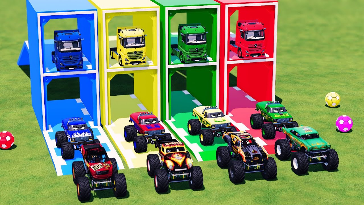 AMAZING COLORFUL GARAGE - ALL MIXER TRUCKS WITH HEAVY LOAD FLATBED, JEEP, BIG FOOT, MAX D #4 - FS22