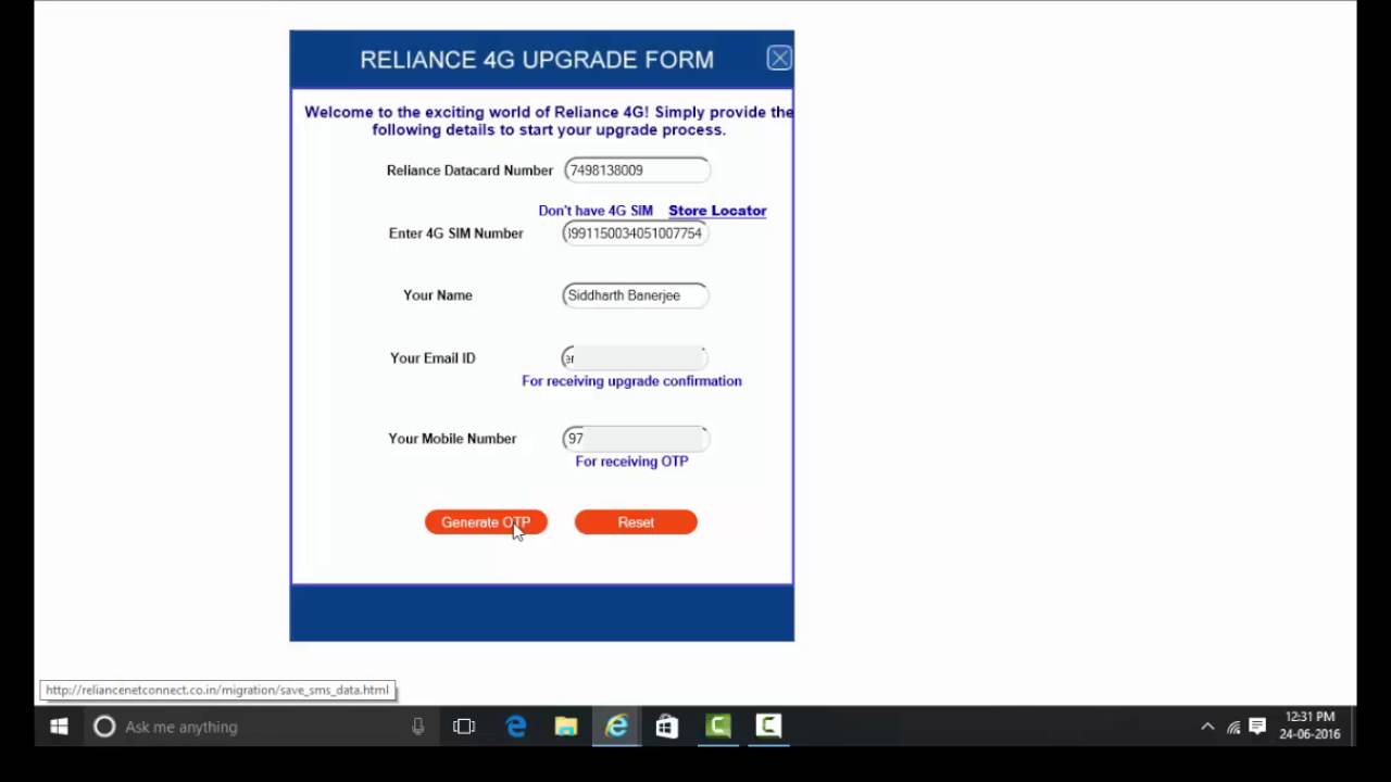 Reliance 4G Data SIM Registration