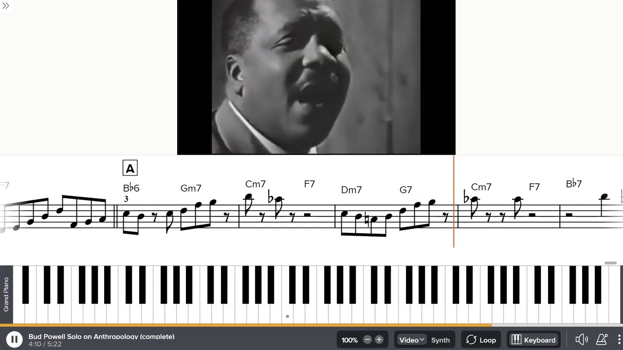 Bud Powell Solo on Anthropology (corrected pitch, PDF, Soundslice)