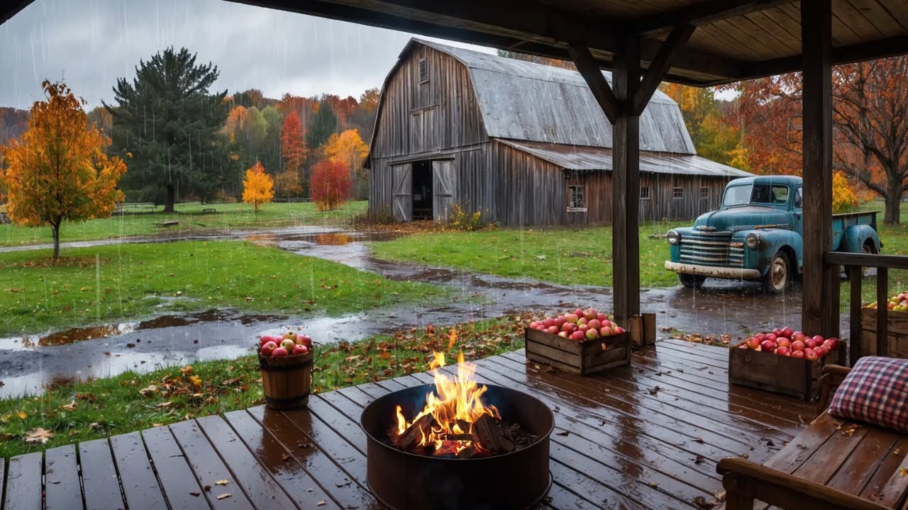 Cozy Fall Morning on the Farm Ambience | Rainy Day Apple Picking 🍎 Ambient Rain & Fire Sleep Sounds