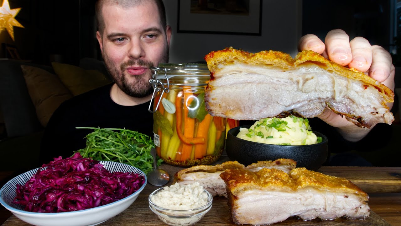 Crunchy Pork Belly, Creamy Mash, Sour Red Cabbage  Pickled Veggies ASMR MUKBANG | Dave Kay ASMR