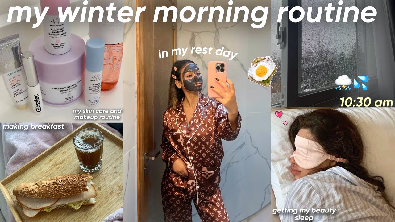 my WINTER morning routine🌨️🍳|روتيني الصباحي في الشتاء (in my days OFF)🌧️💘💤
