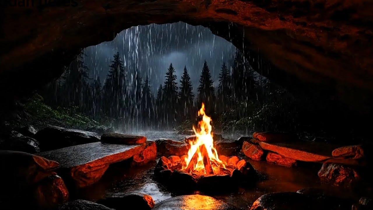 Cozy|Heavy rain on cave mountain 🌧️|fireplace 🔥so the atmosphere is warm for deep sleep mode ❗❗❗