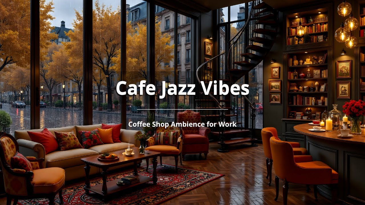 (NO ADS) Cozy Coffee Shop & Rainy Jazz Outside 🍁 Smooth Jazz Piano Music for Relax, Study & Work