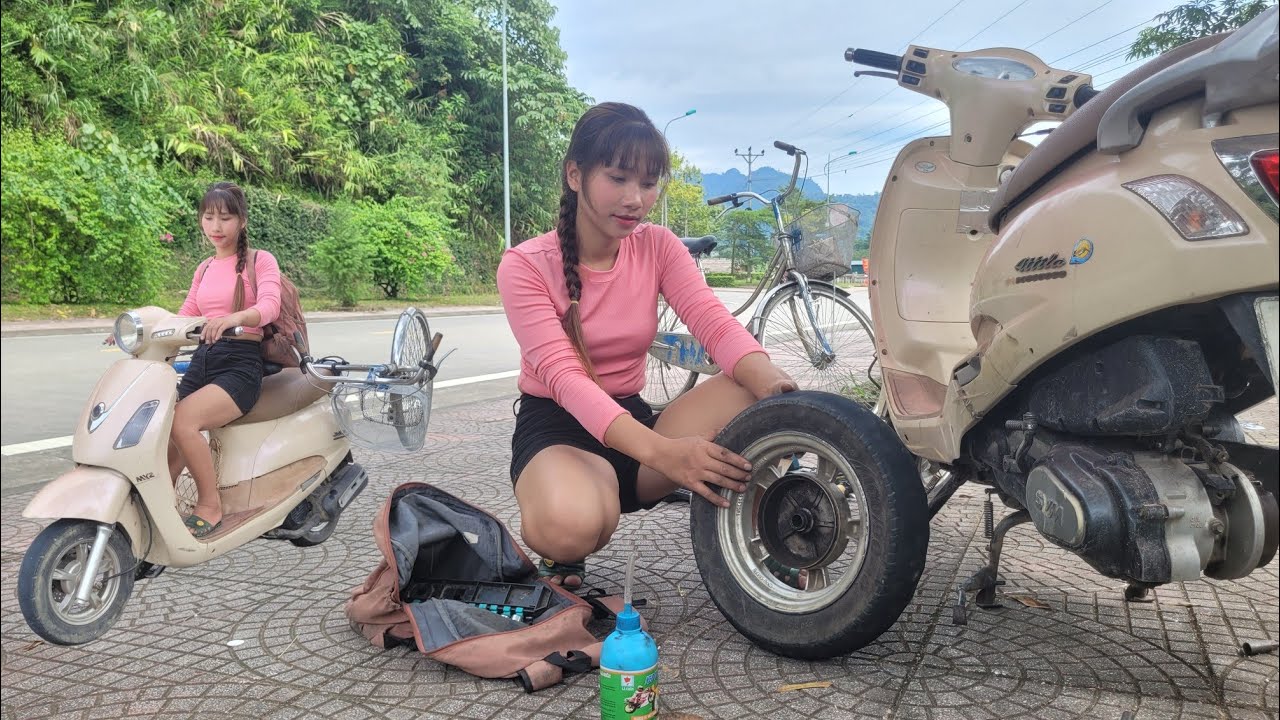 Now the girl has a new motorbike instead of using a repaired bicycle.