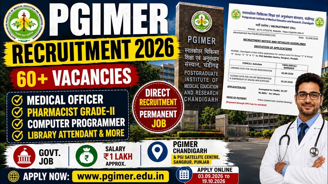 PGIMER Recruitment 2026 🔥 60+ Vacancies | Permanent Govt Jobs | Medical Officer, Pharmacist & More