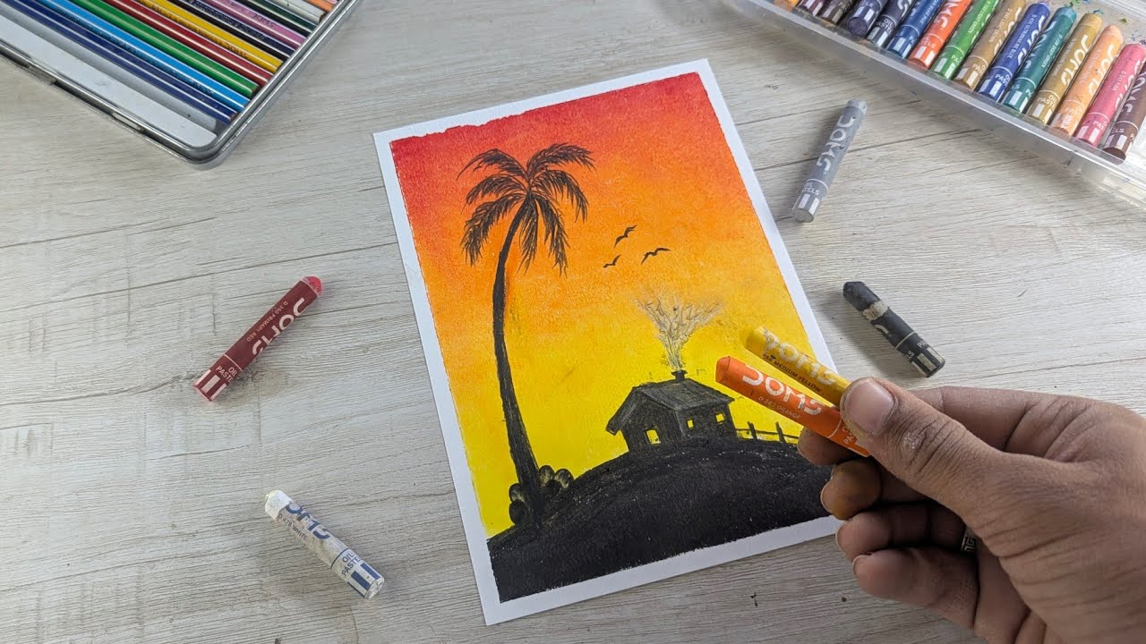 Easy sunset sky Drawing with oil Pastel step by step for beginners 