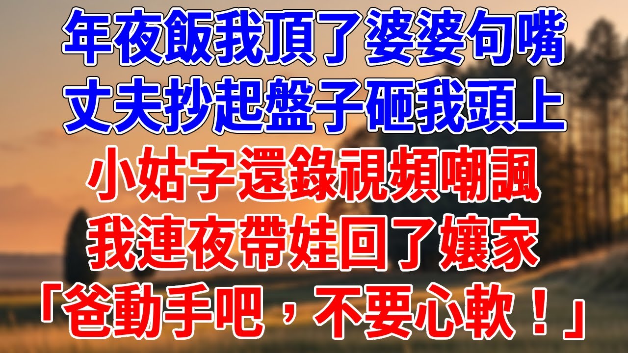 年夜飯我頂了婆婆句嘴，丈夫抄起盤子砸我頭上。小姑字還錄視頻嘲諷，我連夜帶娃回了孃家「爸動手吧，不要心軟！」#為人處世#經驗#情感故事#戀愛#情感#婚姻#人生感悟
