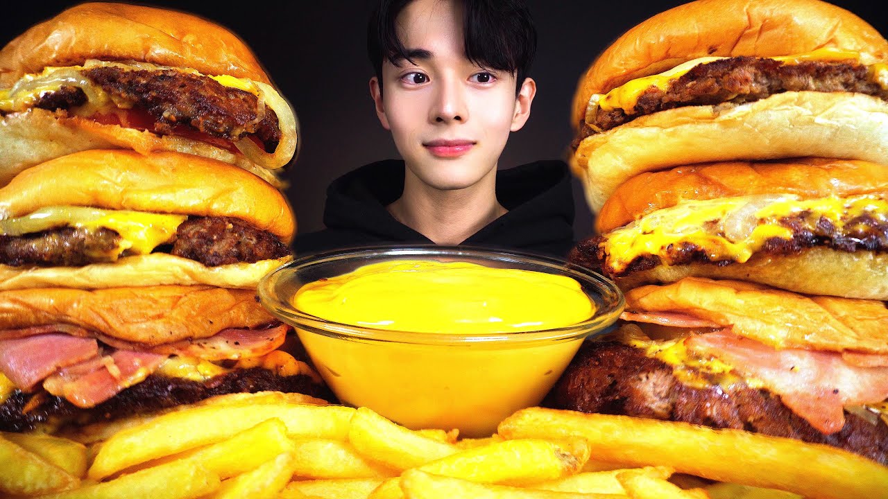 ASMR MUKBANG 수제버거 더블 베이컨 치즈버거 치즈 감자튀김 먹방🍔 리얼사운드 DOUBLE CHEESEBURGER & FRIED CHICKEN EATING SOUND