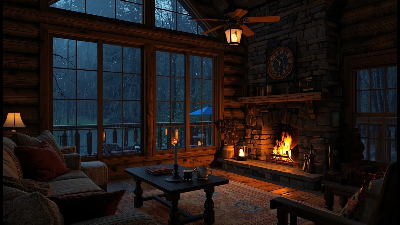Night Rain in a Log Cabin with Fireplace | Deep Sleep Ambience