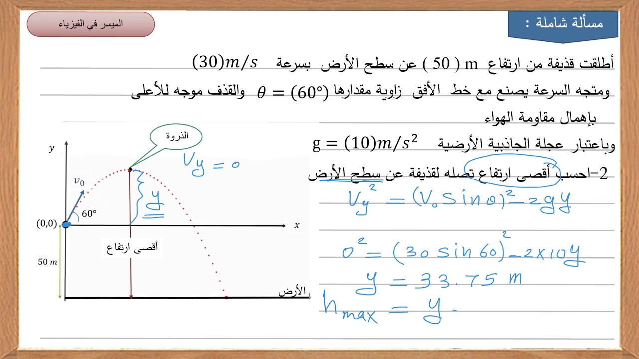 حل مسالة شاملة ( قذف مائل موجه للأعلى  )