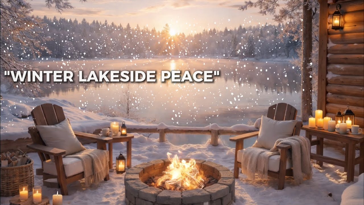 Relaxing Soft Guitar Music Winter & Snowfall& Campfire in LakeSide, Calm Music for Stress Relief