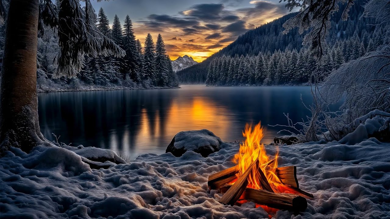 Winter Lake Campfire Ambience with Crackling Fire and Snowy Mountain Sunset for Deep Relaxation