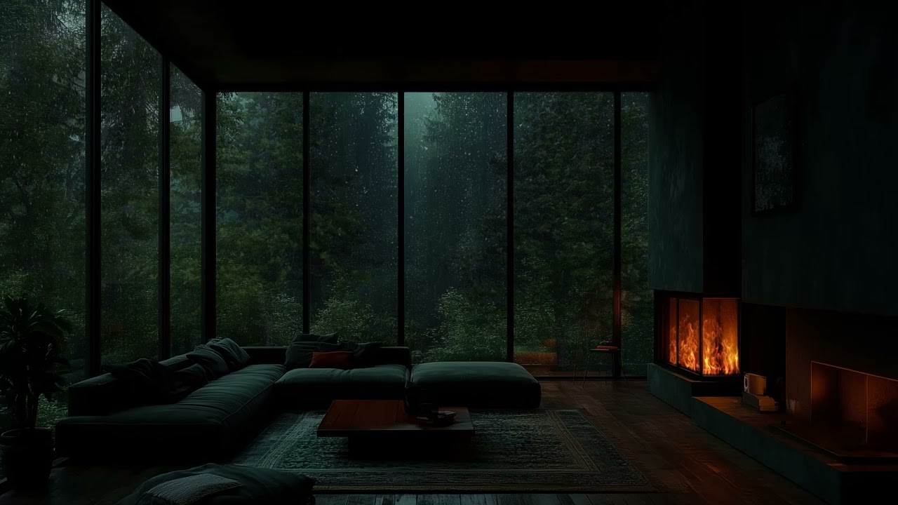 Peaceful Rainy Night in a Forest Glass Room 🌲🌧️🔥 Cozy Fireplace Ambience for Deep Rest