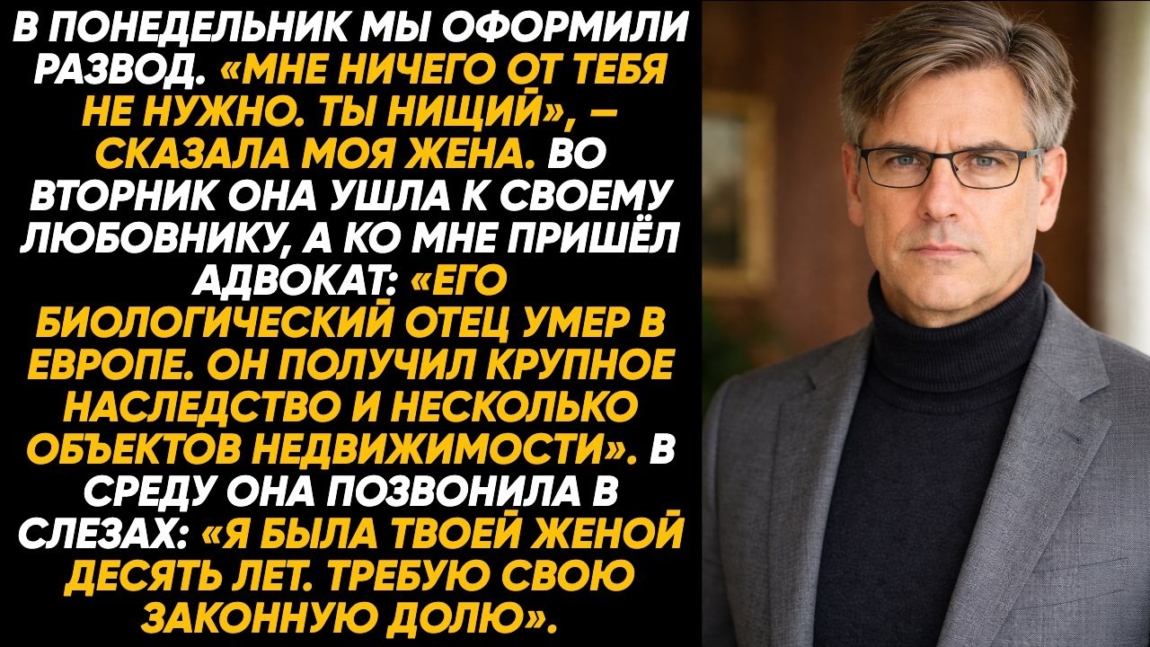 В понедельник я развёлся. Во вторник получил наследство. В среду она позвонила мне в слезах, умоляя.