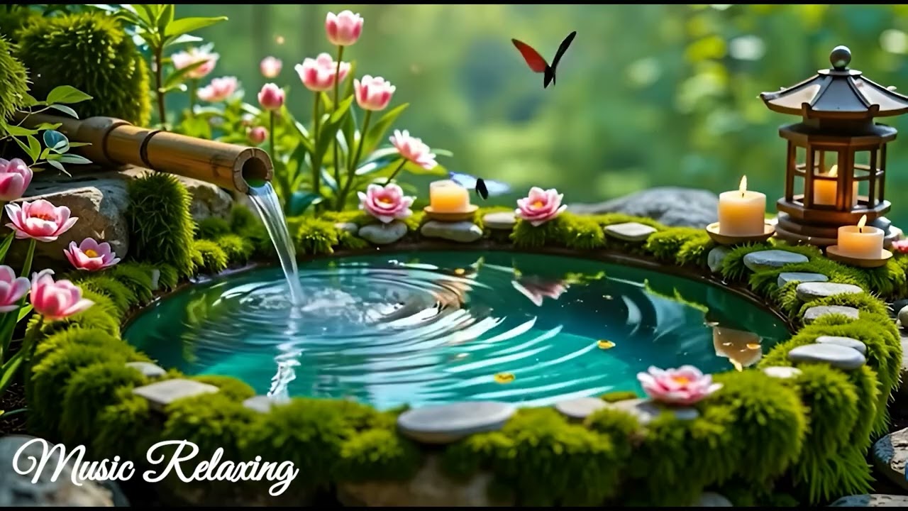 Relaxing Music &  Bamboo Water Fountain Healing piano music - reduce stress and Deep sleep