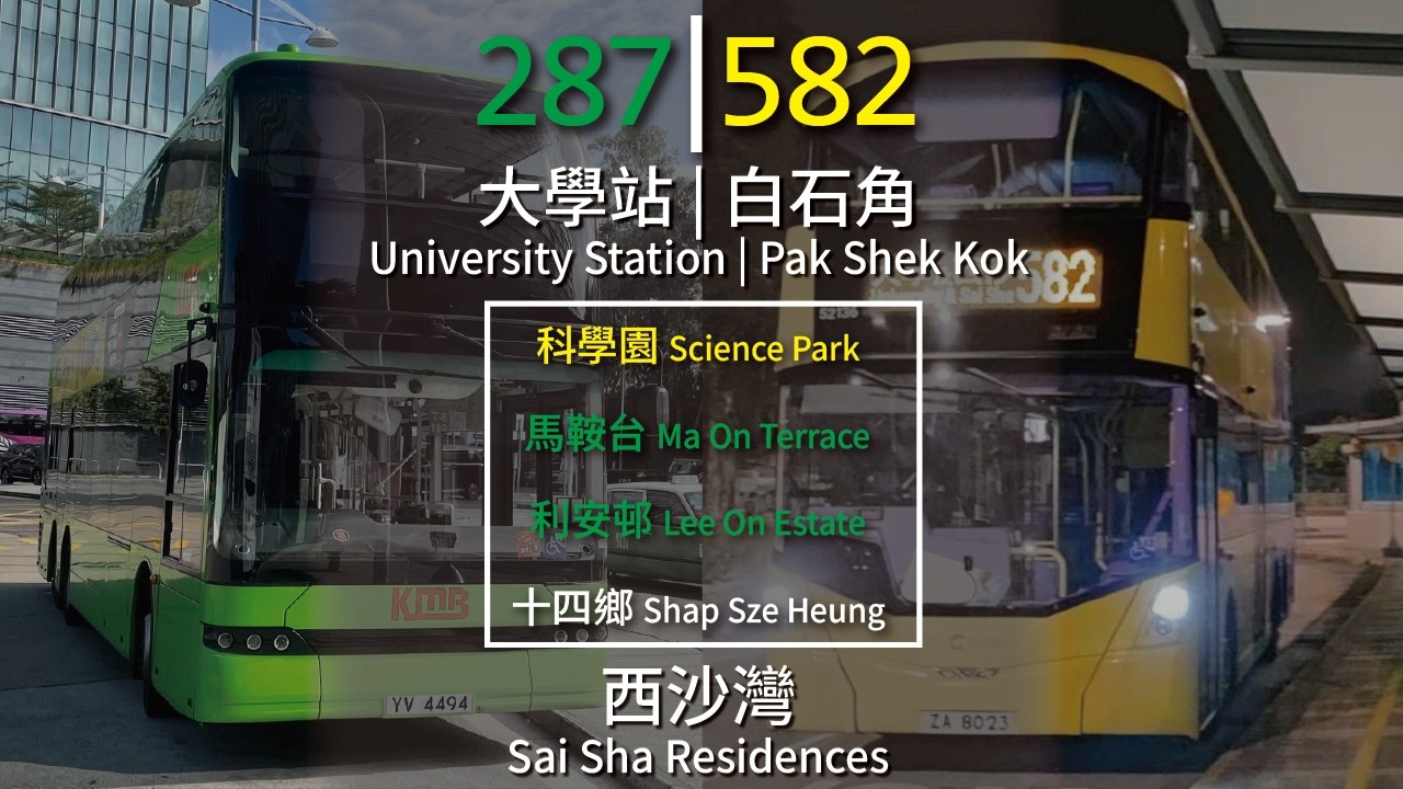 【新．西沙大學二寶】KMB 九巴287線+CTB 城巴582線(大學站 University Station / 白石角 Pak Shek Kok ↺ 西沙灣 Sai Sha Residences)