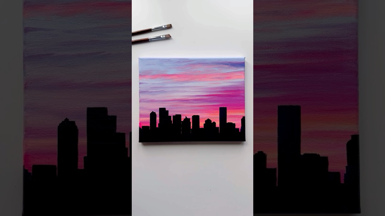 Urban Silhouettes Under a Cotton Candy Sunset Sky 💖- Cityscape Acrylic Painting🌃 #art #shorts