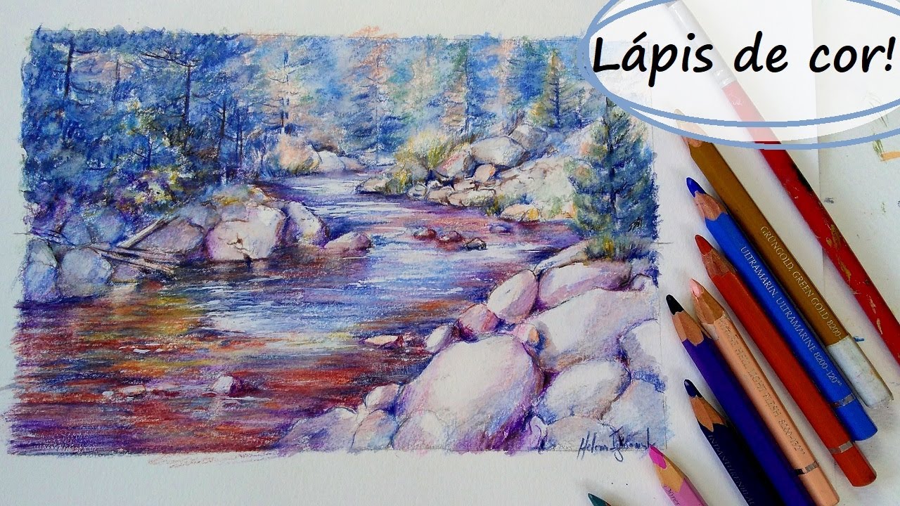 Como DESENHAR um RIO com LÁPIS de COR! O PASSO a PASSO do DESENHO de PAISAGEM!