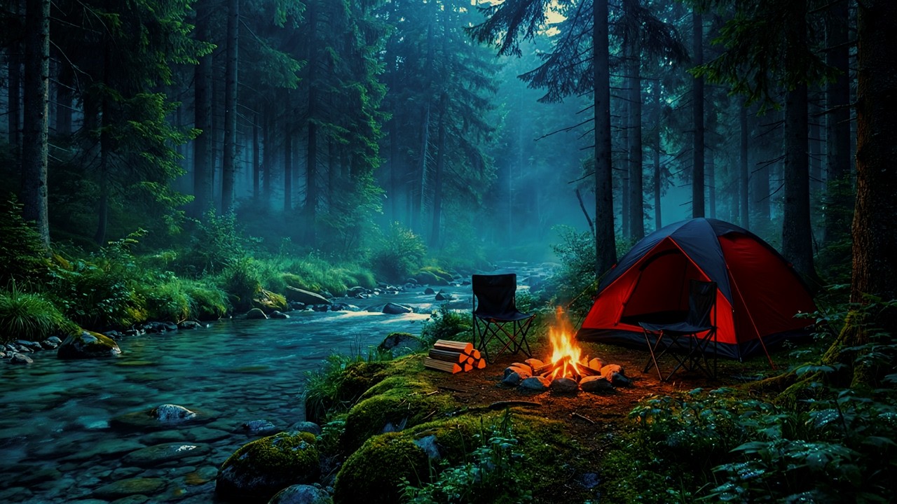 Cozy Campfire in the Forest by a Quiet River | Relaxing Stream Sounds for Deep Sleep