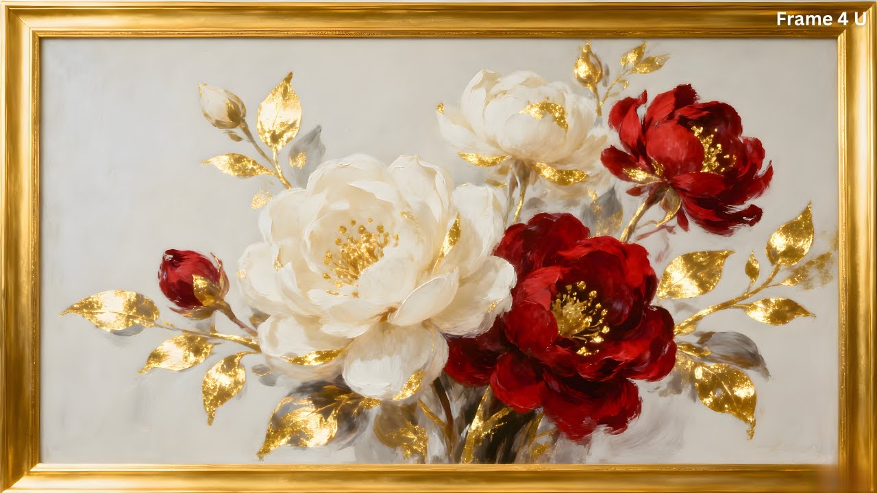 Vintage Gold and Red Peony Painting | Gold Frame TV Art Screensaver for TV Wallpaper.