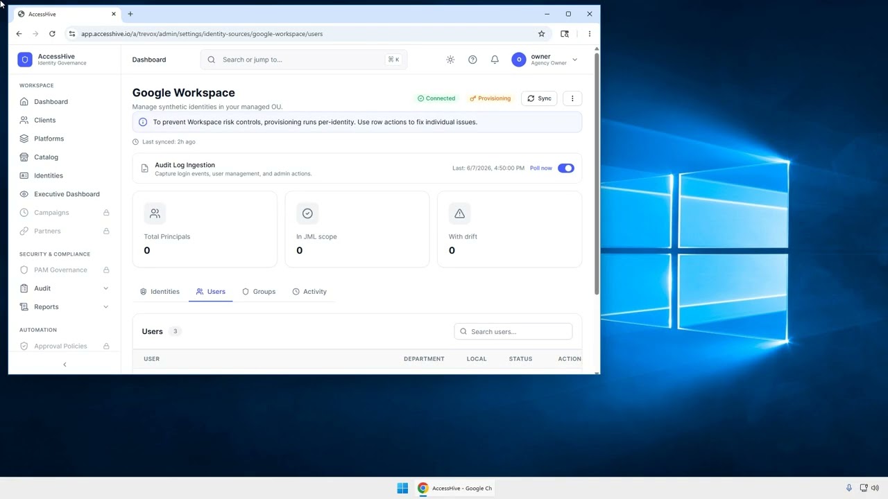 AccessHive &mdash; OAuth scope demo: Google Workspace Admin SDK read-only scopes (directory sync)