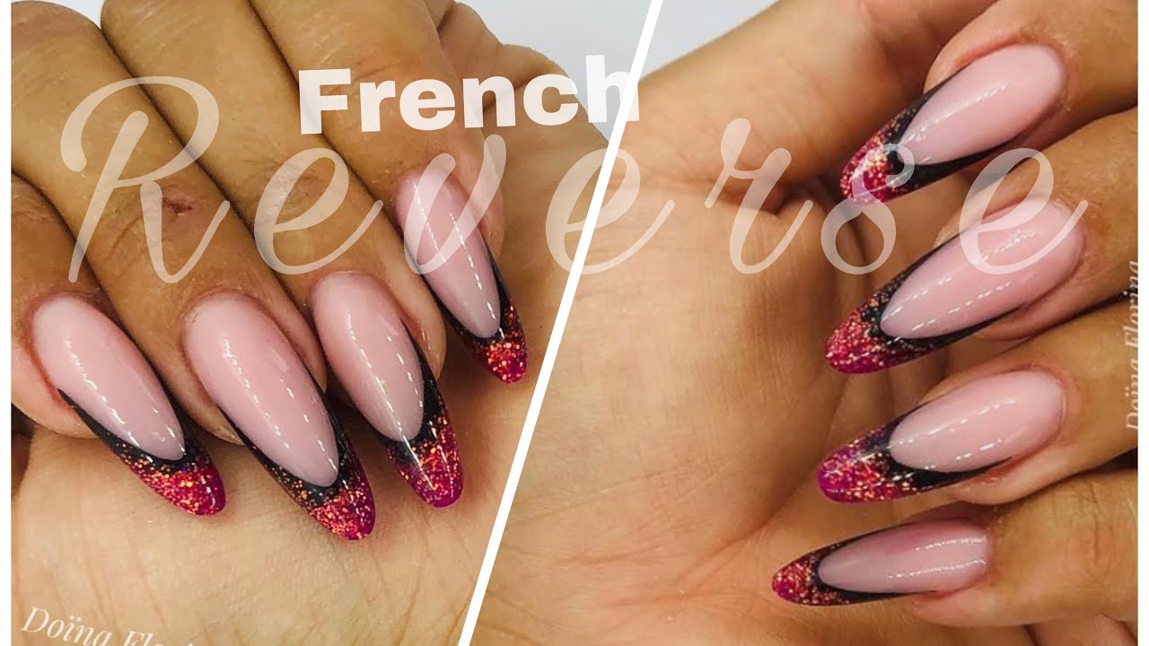 Ongles amande en french reverse avec dégradé de paillettes