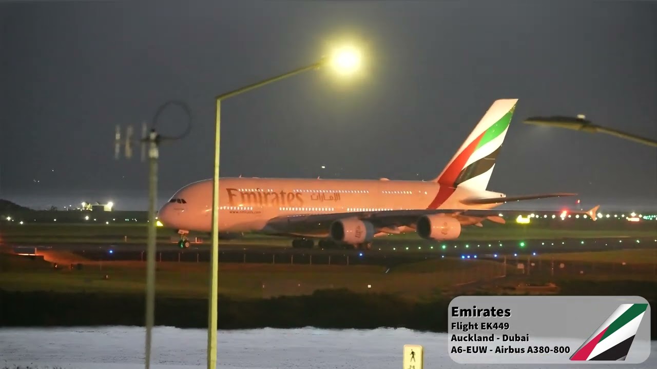Emirates EK449 A380 Night Departure Auckland International Airport