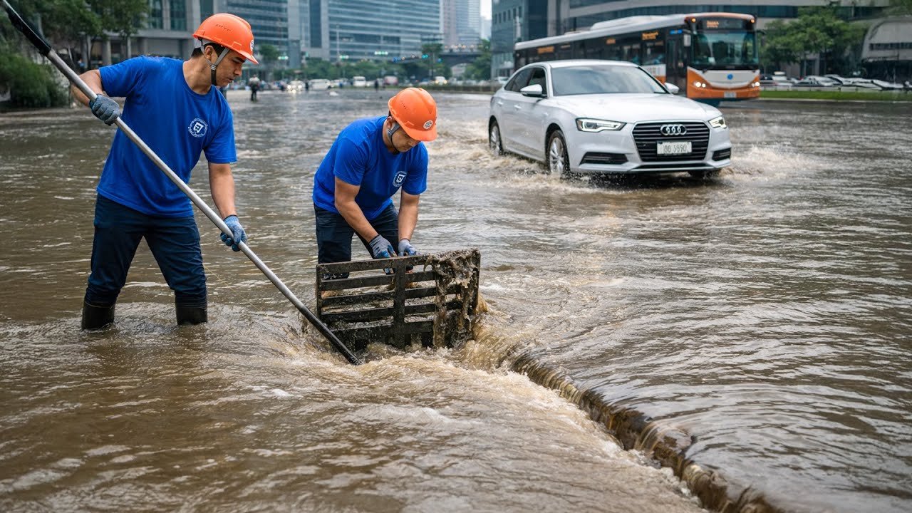 Massive Water Flow After Clearing a Flash Flooded City Drain