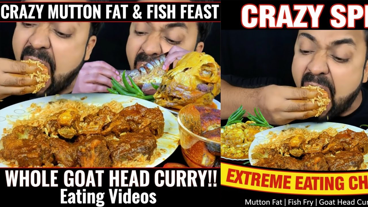 Eating Very Oily Mutton Fat Curry, Fish Fry, Goat HEad Curry with Rice || Eating Videos Street 🤤😋