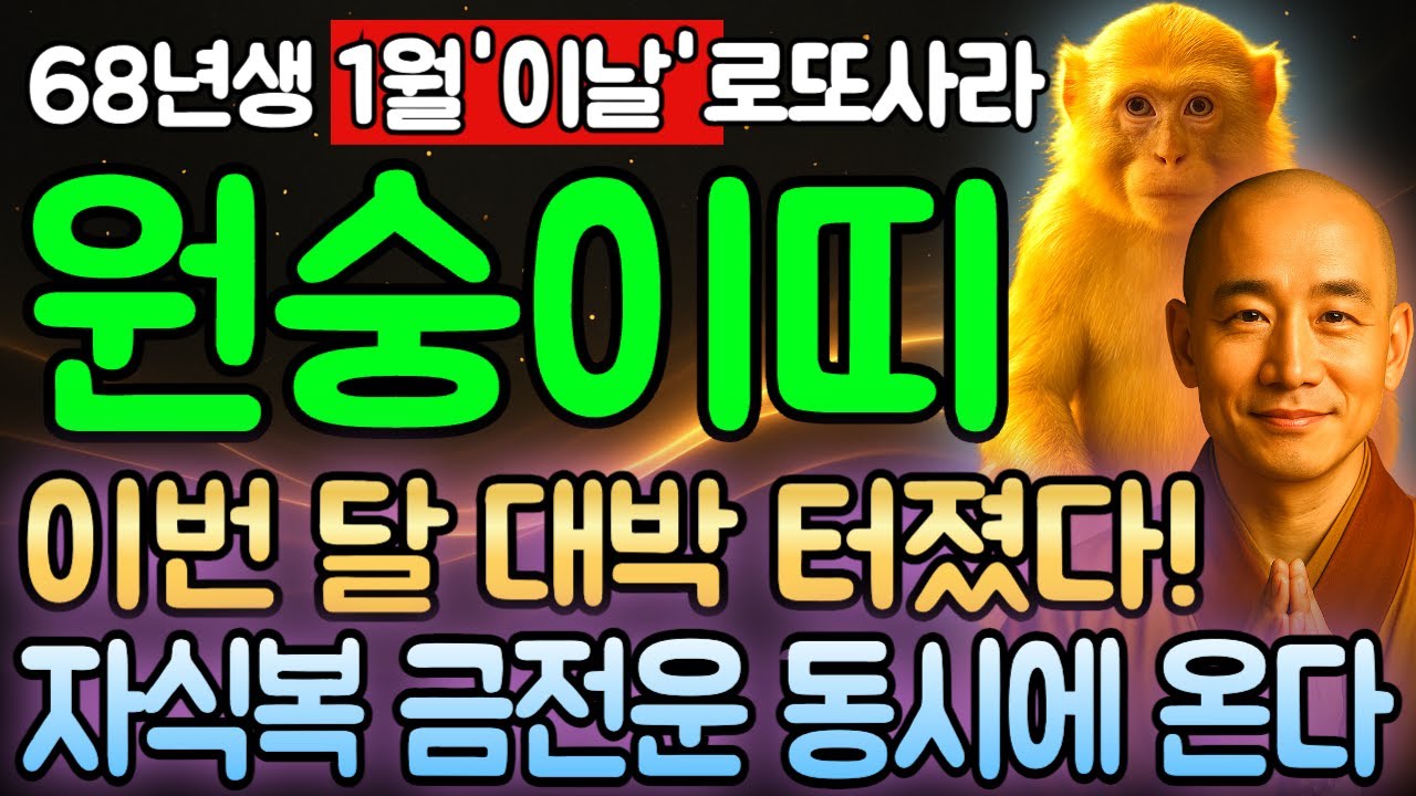 무신년생 58세 원숭이띠 2026년 1월 운세 1968년생 이거 대박! 금전 쌓이고 재물 폭주하는 신년, 원숭이띠 억대 행운 부르는 천운 신호 여기서 공개합니다.