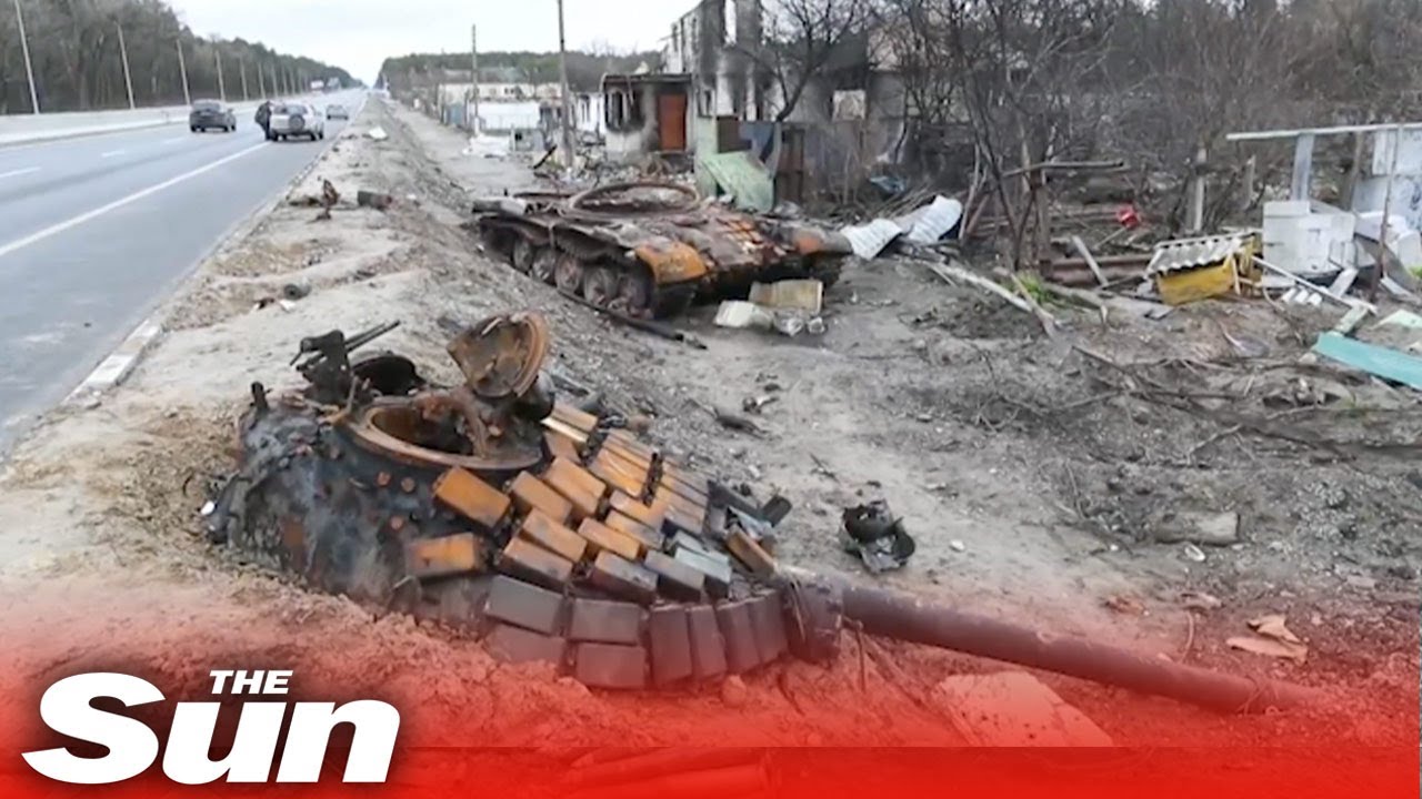 Ukrainian town of Brovary near Kyiv littered with destroyed Russian tanks