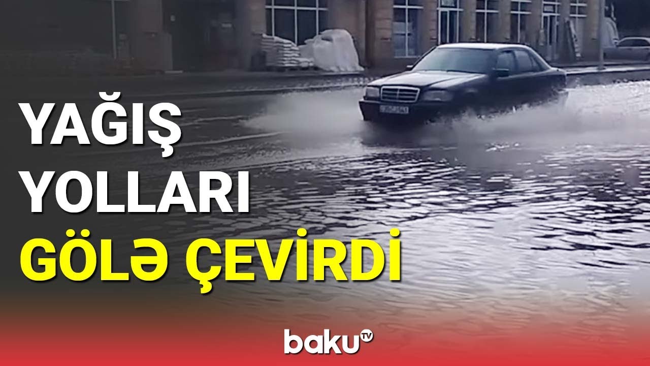 Kürdəmir yollarını yağış suları basdı