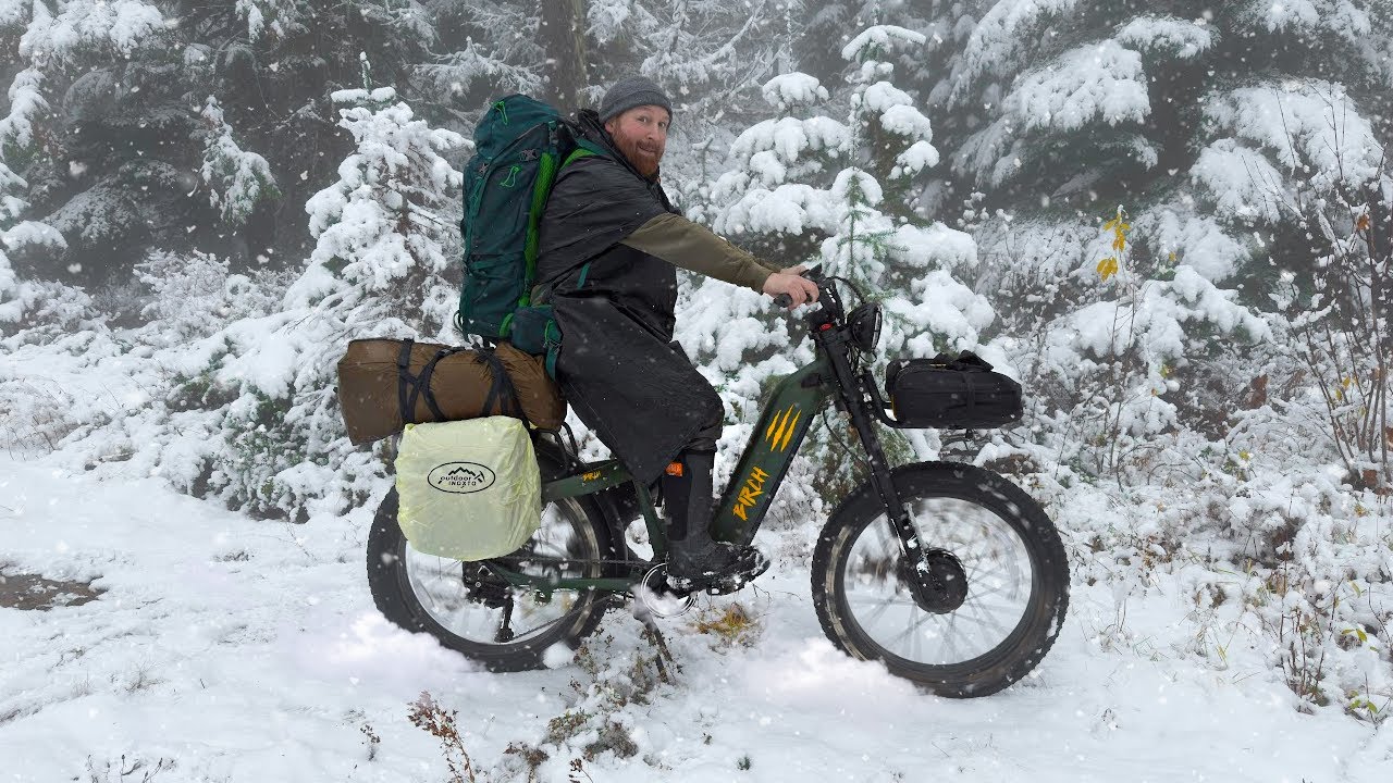 e-Bike Camping with Hot Tent and Waking Up to Surprise Snow