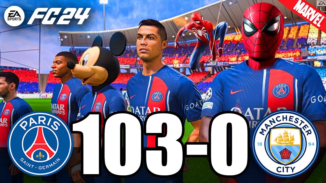 FIFA 24 - RONALDO, MESSI, SPIDER MAN ALL STARS PLAYS TOGETHER | PSG 103-0 Manchester City