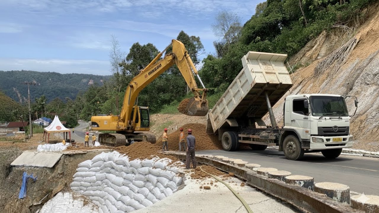 Susunan Karung Geobag Di Lanjutkan”Dan Jurang Pengecoran Tiang Pancang Mulai Di Timbun.
