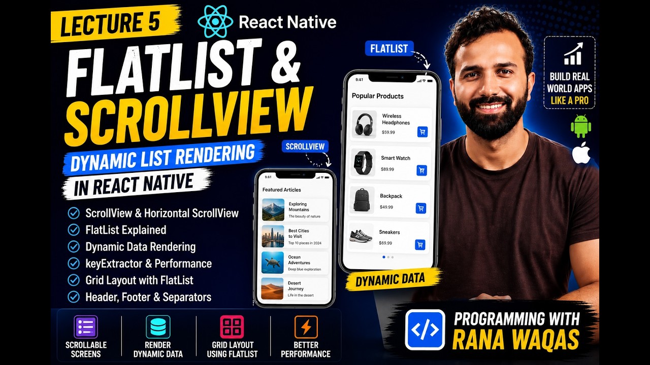 Урок по React Native: FlatList и ScrollView | Рендеринг динамических списков в React Native