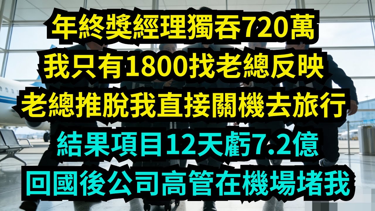 年終獎經理獨吞720萬，我只有1800，找老總反映老總推脫，我直接關機去旅行，結果項目12天虧7.2億，回國後公司高管在機場堵我【奇聞秘事】#奇聞#秘事#故事 #职场 #职场故事 #奖金