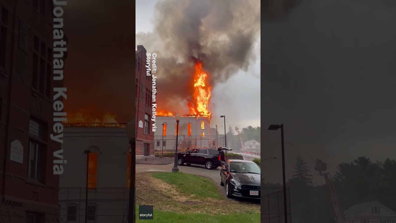 Steeple collapses at historic Massachusetts church after lightning sparks fire