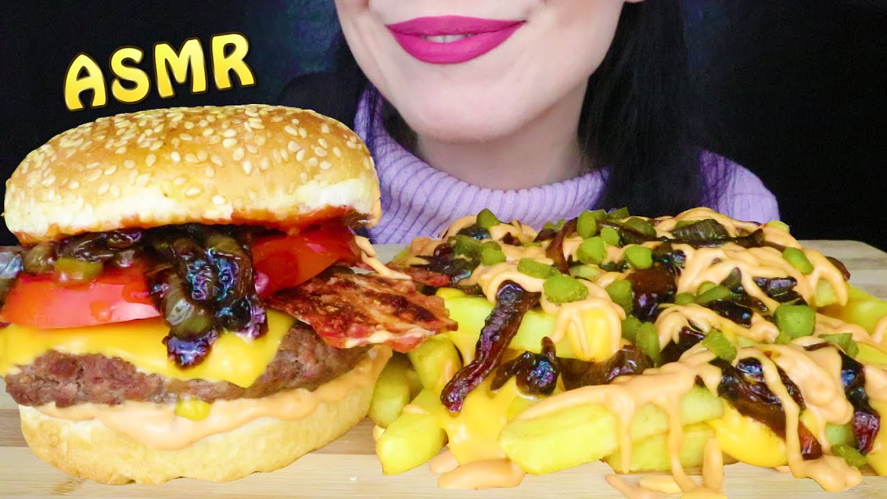 BACON CHEESEBURGER & LOADED FRIES 🍔| Collab with @PandaEatsASMR  | Whispering | ASMR Mukbang - 먹방
