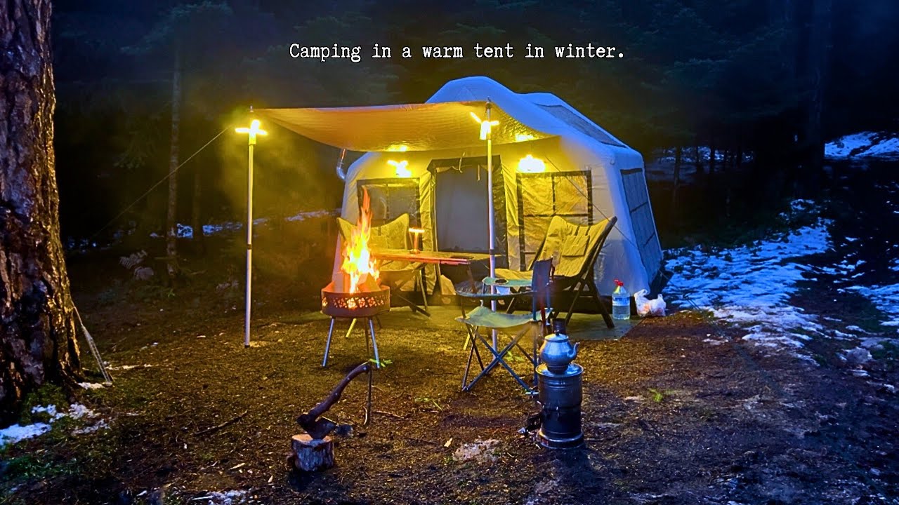 Кемпинг в надувной палатке у замерзшего озера 🏕️